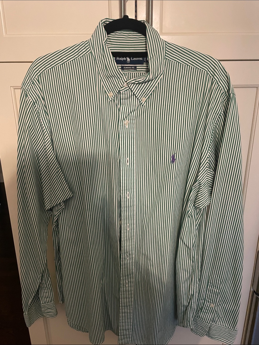 Ralph Lauren Green and White Vertical Stripe Button-Down Shirt
